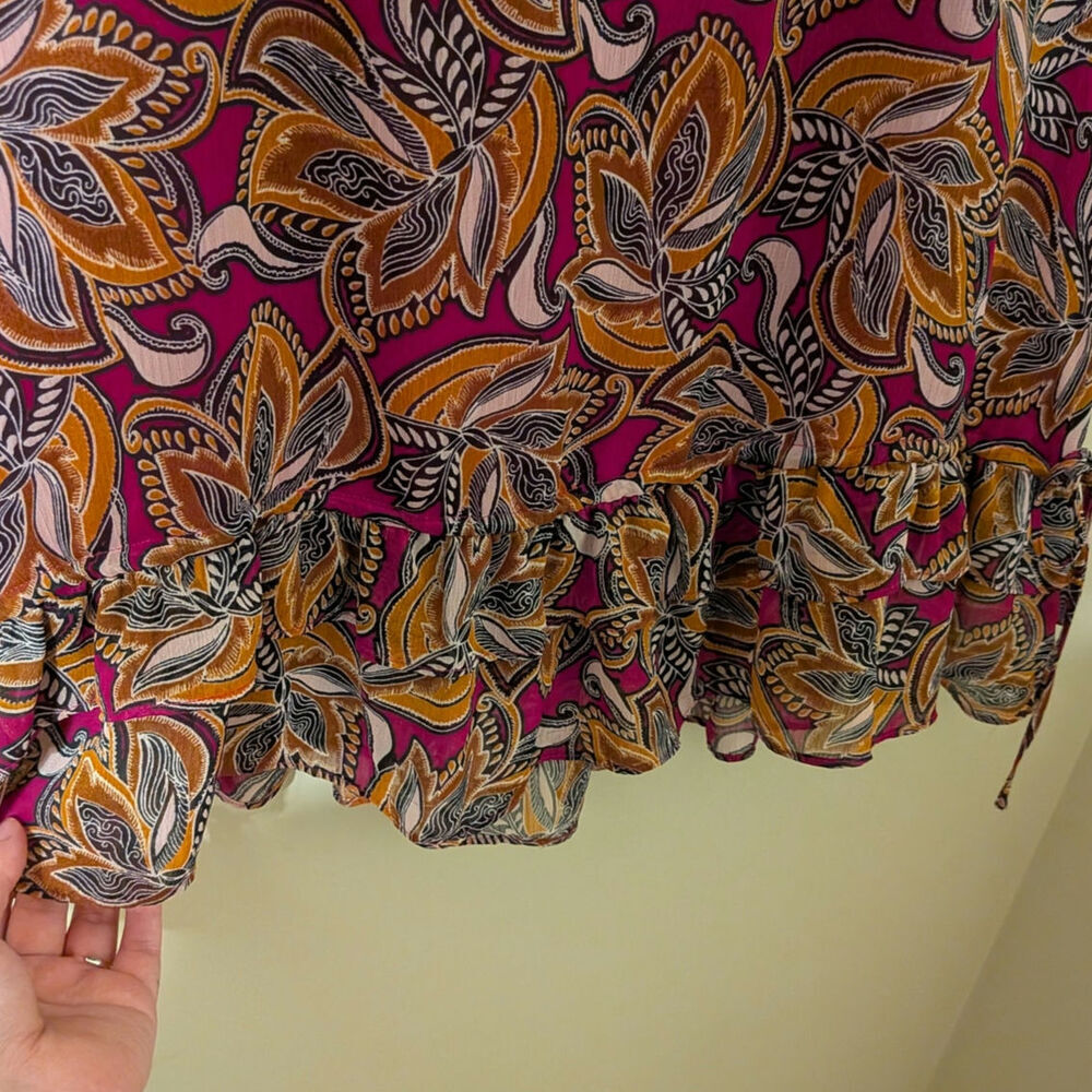 Boho Paisley Pink And Orange Babydoll Silhouette With Ruffle at Hem And Bow Ties - Picture 3 of 8